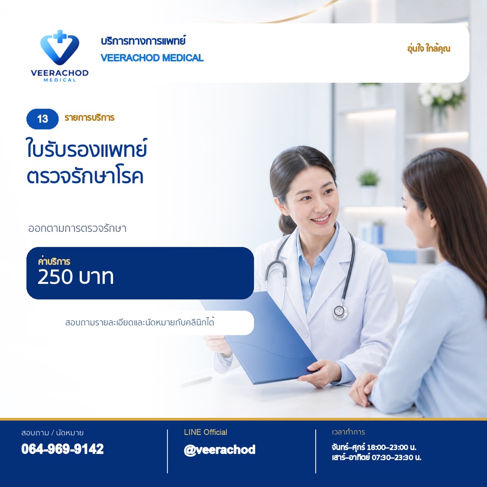 ใบรับรองแพทย์ตรวจรักษาโรค 250 บาท — วีรโชติ คลินิกเวชกรรม
