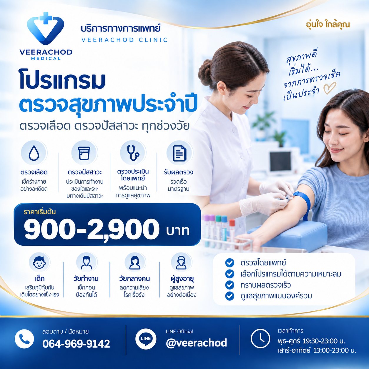 โปรแกรมตรวจสุขภาพประจำปี ตรวจเลือด ปัสสาวะ เหมาะสำหรับทุกช่วงวัย 900 - 2,900 บาท — วีรโชติ คลินิกเวชกรรม