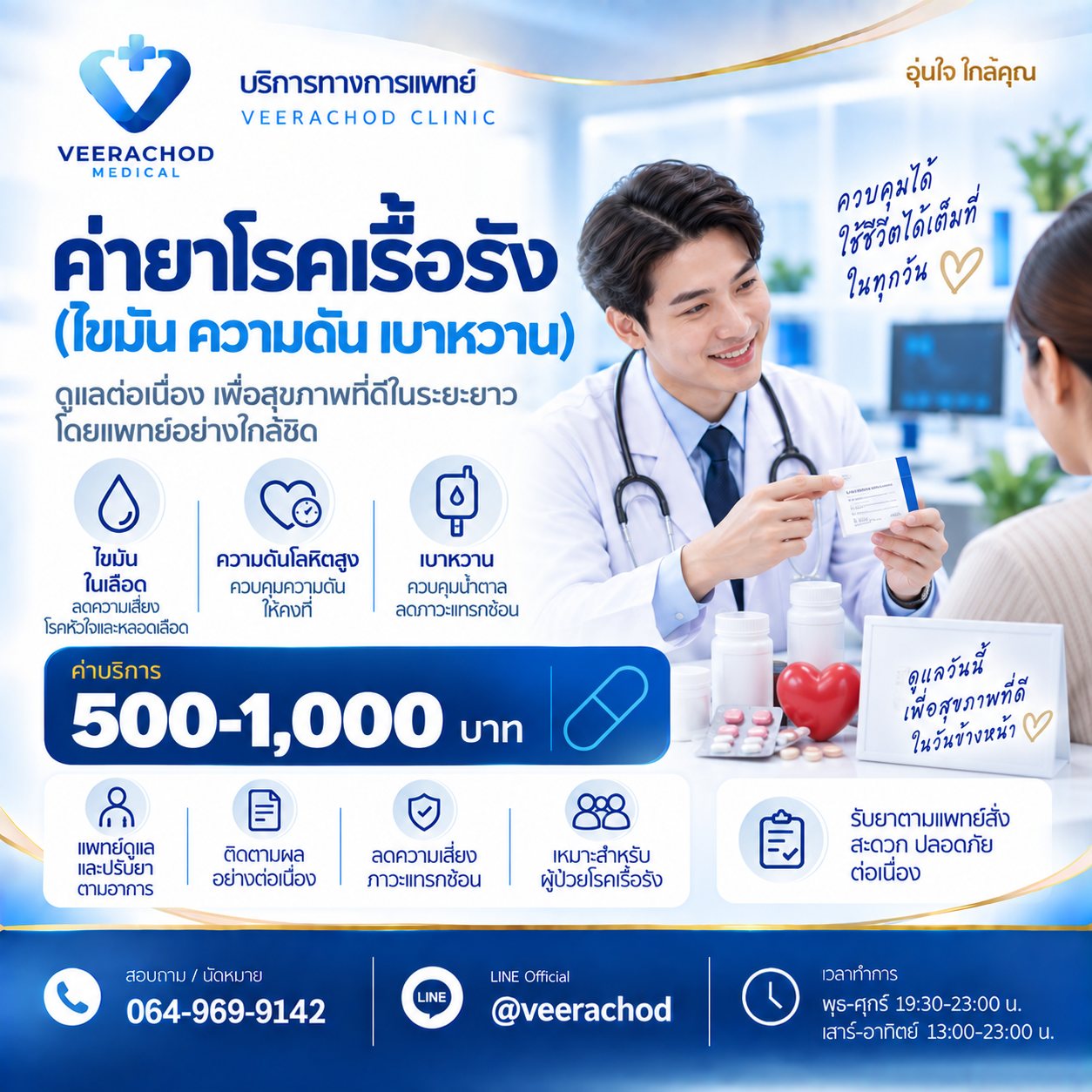 เบาหวาน ความดัน ไขมันในเลือด ค่ายาโรคเรื้อรัง 500-1,000 บาท/เดือน — วีรโชติ คลินิกเวชกรรม